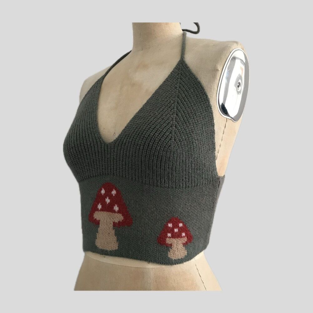 Romwe Green Red Cropped Knit Sleeveless Mushroom Halter Top Women's Size XS S